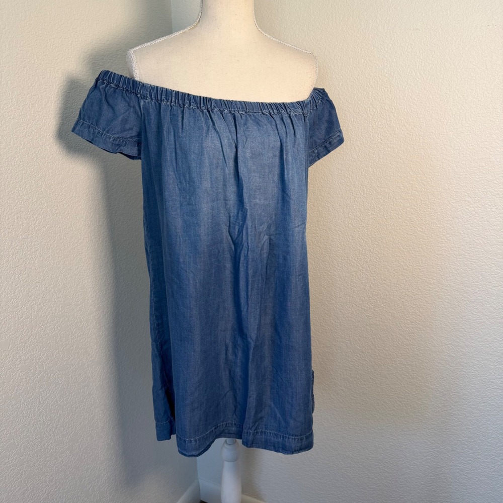 Cloth & Stone Shift Dress Womens S Blue Off Shoulder Tencel Lyocell Denim Look